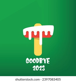 vector goodbye 2023 hello 2024 year vector concept illustration with melt ice cream isolated on green background. End of the 2023 year background or poster