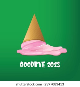 vector goodbye 2023 hello 2024 year vector concept illustration with melt ice cream isolated on green background. End of the 2023 year background or poster
