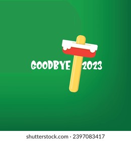 vector goodbye 2023 hello 2024 year vector concept illustration with melt ice cream isolated on green background. End of the 2023 year background or poster