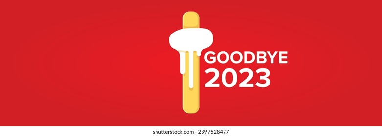 vector goodbye 2023 hello 2024 year vector concept illustration with melt ice cream isolated on horizontal red background. End of the 2023 year horizontal banner background or poster