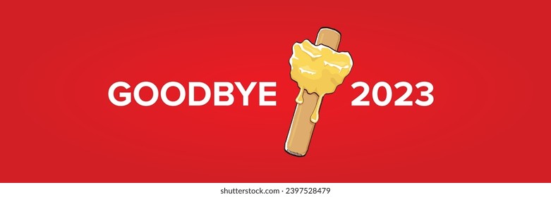 vector goodbye 2023 hello 2024 year vector concept illustration with melt ice cream isolated on horizontal red background. End of the 2023 year horizontal banner background or poster