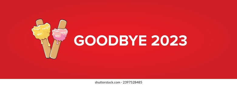 vector goodbye 2023 hello 2024 year vector concept illustration with melt ice cream isolated on horizontal red background. End of the 2023 year horizontal banner background or poster