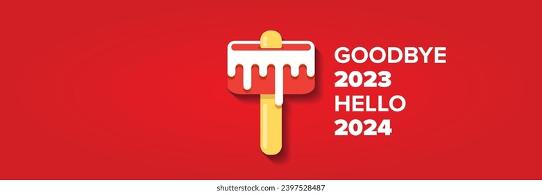 vector goodbye 2023 hello 2024 year vector concept illustration with melt ice cream isolated on horizontal red background. End of the 2023 year horizontal banner background or poster