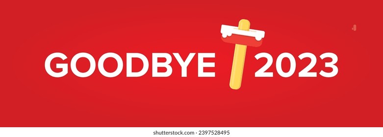 vector goodbye 2023 hello 2024 year vector concept illustration with melt ice cream isolated on horizontal red background. End of the 2023 year horizontal banner background or poster