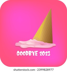 vector goodbye 2023 hello 2024 year vector concept illustration with melt ice cream isolated on pink background. End of the 2023 year background or poster
