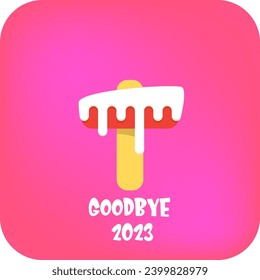 vector goodbye 2023 hello 2024 year vector concept illustration with melt ice cream isolated on pink background. End of the 2023 year background or poster