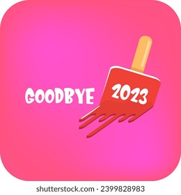 vector goodbye 2023 hello 2024 year vector concept illustration with melt ice cream isolated on pink background. End of the 2023 year background or poster