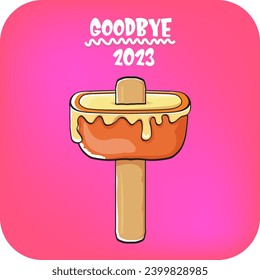 vector goodbye 2023 hello 2024 year vector concept illustration with melt ice cream isolated on pink background. End of the 2023 year background or poster