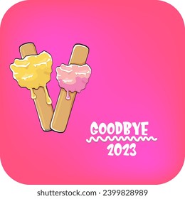 vector goodbye 2023 hello 2024 year vector concept illustration with melt ice cream isolated on pink background. End of the 2023 year background or poster