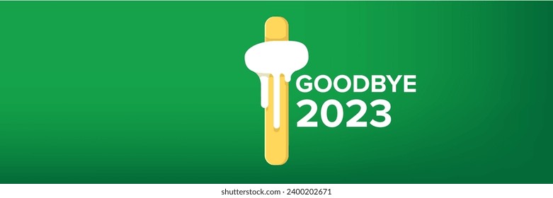 vector goodbye 2023 hello 2024 year vector concept illustration with melt ice cream isolated on horizontal green background. End of the 2023 year horizontal banner background or poster