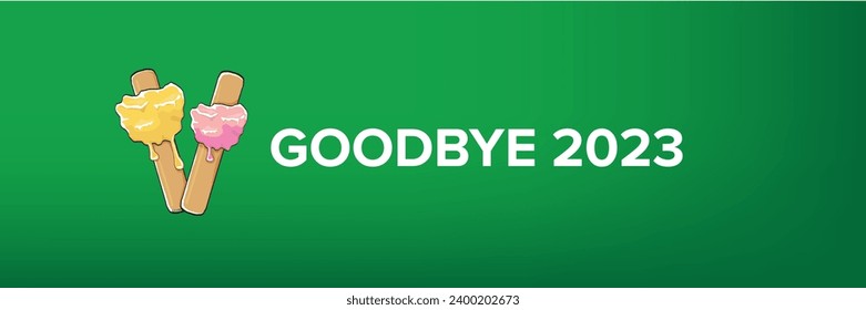 vector goodbye 2023 hello 2024 year vector concept illustration with melt ice cream isolated on horizontal green background. End of the 2023 year horizontal banner background or poster