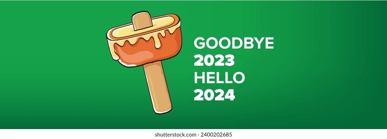 vector goodbye 2023 hello 2024 year vector concept illustration with melt ice cream isolated on horizontal green background. End of the 2023 year horizontal banner background or poster