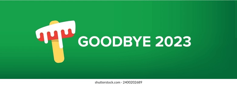 vector goodbye 2023 hello 2024 year vector concept illustration with melt ice cream isolated on horizontal green background. End of the 2023 year horizontal banner background or poster