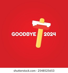 vector goodbye 2024 hello 2025 year vector concept illustration with melt ice cream isolated on red background. End of the 2024 year background or poster