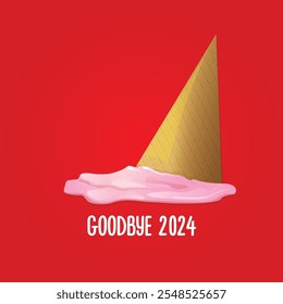 vector goodbye 2024 hello 2025 year vector concept illustration with melt ice cream isolated on red background. End of the 2024 year background or poster