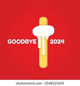 vector goodbye 2024 hello 2025 year vector concept illustration with melt ice cream isolated on red background. End of the 2024 year background or poster