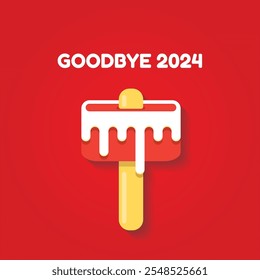 vector goodbye 2024 hello 2025 year vector concept illustration with melt ice cream isolated on red background. End of the 2024 year background or poster