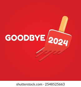 vector goodbye 2024 hello 2025 year vector concept illustration with melt ice cream isolated on red background. End of the 2024 year background or poster