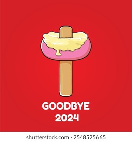 vector goodbye 2024 hello 2025 year vector concept illustration with melt ice cream isolated on red background. End of the 2024 year background or poster