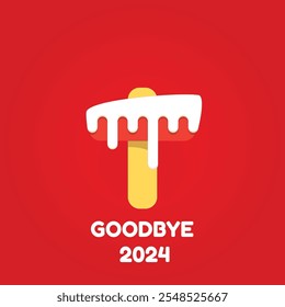 vector goodbye 2024 hello 2025 year vector concept illustration with melt ice cream isolated on red background. End of the 2024 year background or poster