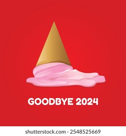 vector goodbye 2024 hello 2025 year vector concept illustration with melt ice cream isolated on red background. End of the 2024 year background or poster