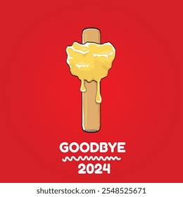 vector goodbye 2024 hello 2025 year vector concept illustration with melt ice cream isolated on red background. End of the 2024 year background or poster