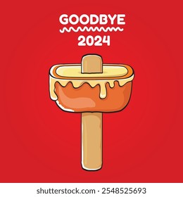 vector goodbye 2024 hello 2025 year vector concept illustration with melt ice cream isolated on red background. End of the 2024 year background or poster