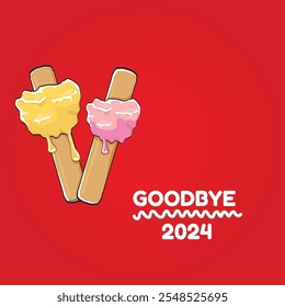 vector goodbye 2024 hello 2025 year vector concept illustration with melt ice cream isolated on red background. End of the 2024 year background or poster