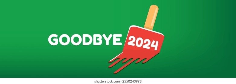 vector goodbye 2024 hello 2025 year vector concept illustration with melt ice cream isolated on horizontal green background. End of the 2024 year horizontal banner background or poster