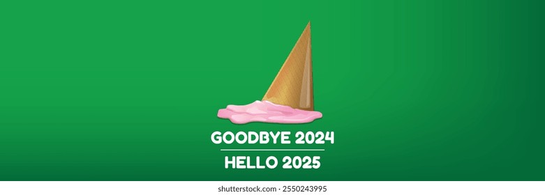 vector goodbye 2024 hello 2025 year vector concept illustration with melt ice cream isolated on horizontal green background. End of the 2024 year horizontal banner background or poster