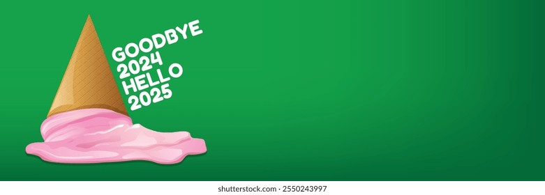 vector goodbye 2024 hello 2025 year vector concept illustration with melt ice cream isolated on horizontal green background. End of the 2024 year horizontal banner background or poster