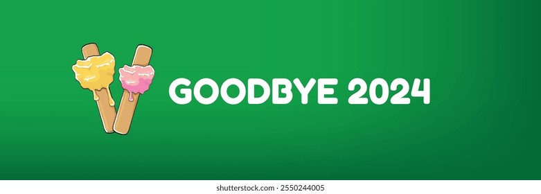 vector goodbye 2024 hello 2025 year vector concept illustration with melt ice cream isolated on horizontal green background. End of the 2024 year horizontal banner background or poster