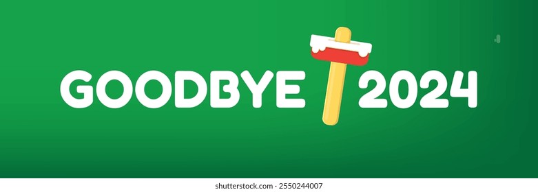 vector goodbye 2024 hello 2025 year vector concept illustration with melt ice cream isolated on horizontal green background. End of the 2024 year horizontal banner background or poster