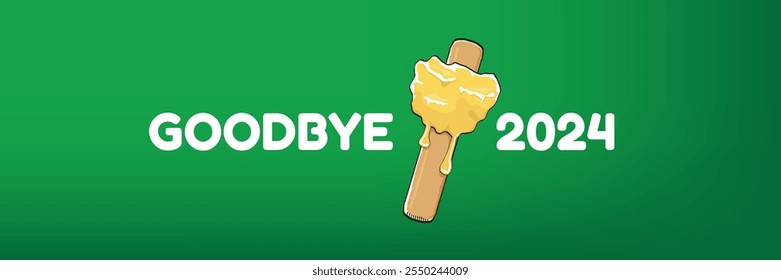 vector goodbye 2024 hello 2025 year vector concept illustration with melt ice cream isolated on horizontal green background. End of the 2024 year horizontal banner background or poster