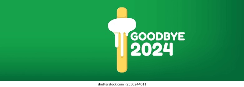 vector goodbye 2024 hello 2025 year vector concept illustration with melt ice cream isolated on horizontal green background. End of the 2024 year horizontal banner background or poster