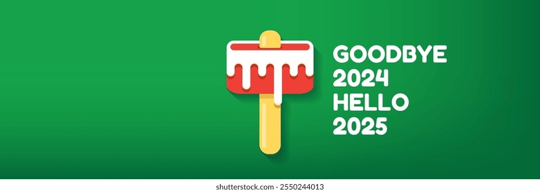 vector goodbye 2024 hello 2025 year vector concept illustration with melt ice cream isolated on horizontal green background. End of the 2024 year horizontal banner background or poster