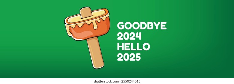 vector goodbye 2024 hello 2025 year vector concept illustration with melt ice cream isolated on horizontal green background. End of the 2024 year horizontal banner background or poster