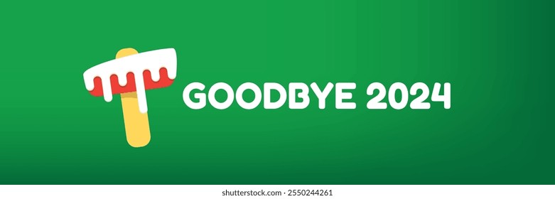 vector goodbye 2024 hello 2025 year vector concept illustration with melt ice cream isolated on horizontal green background. End of the 2024 year horizontal banner background or poster