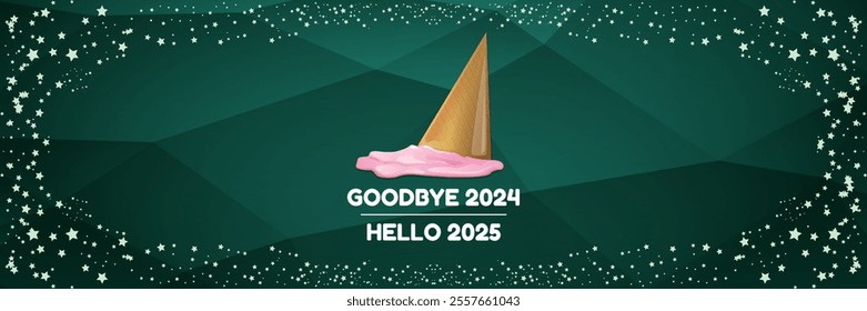 vector goodbye 2024 hello 2025 year vector banner with melt ice cream isolated on horizontal green background. End of the 2024 year horizontal banner background and poster