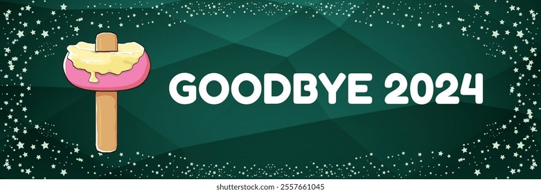 vector goodbye 2024 hello 2025 year vector banner with melt ice cream isolated on horizontal green background. End of the 2024 year horizontal banner background and poster