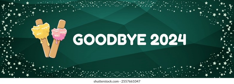 vector goodbye 2024 hello 2025 year vector banner with melt ice cream isolated on horizontal green background. End of the 2024 year horizontal banner background and poster