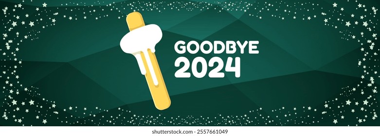 vector goodbye 2024 hello 2025 year vector banner with melt ice cream isolated on horizontal green background. End of the 2024 year horizontal banner background and poster