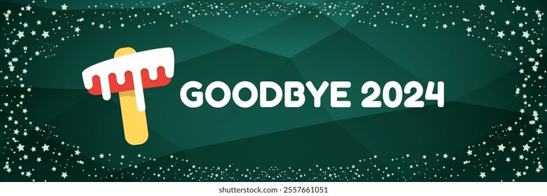 vector goodbye 2024 hello 2025 year vector banner with melt ice cream isolated on horizontal green background. End of the 2024 year horizontal banner background and poster