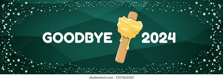 vector goodbye 2024 hello 2025 year vector banner with melt ice cream isolated on horizontal green background. End of the 2024 year horizontal banner background and poster