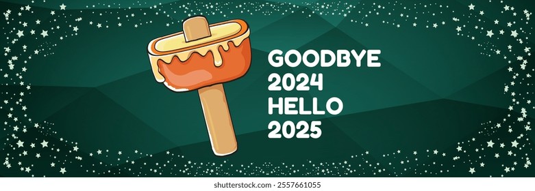 vector goodbye 2024 hello 2025 year vector banner with melt ice cream isolated on horizontal green background. End of the 2024 year horizontal banner background and poster