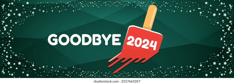 vector goodbye 2024 hello 2025 year vector banner with melt ice cream isolated on horizontal green background. End of the 2024 year horizontal banner background and poster