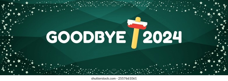 vector goodbye 2024 hello 2025 year vector banner with melt ice cream isolated on horizontal green background. End of the 2024 year horizontal banner background and poster