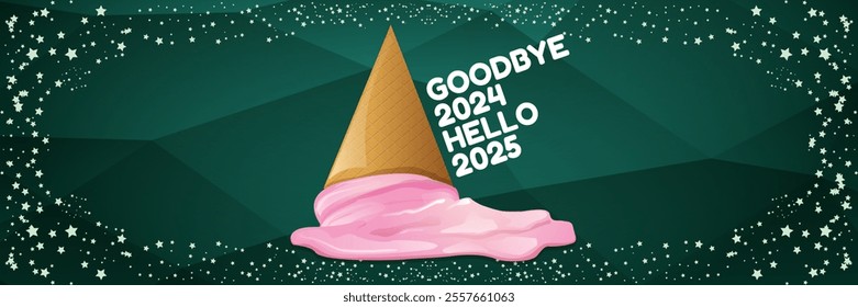 vector goodbye 2024 hello 2025 year vector banner with melt ice cream isolated on horizontal green background. End of the 2024 year horizontal banner background and poster