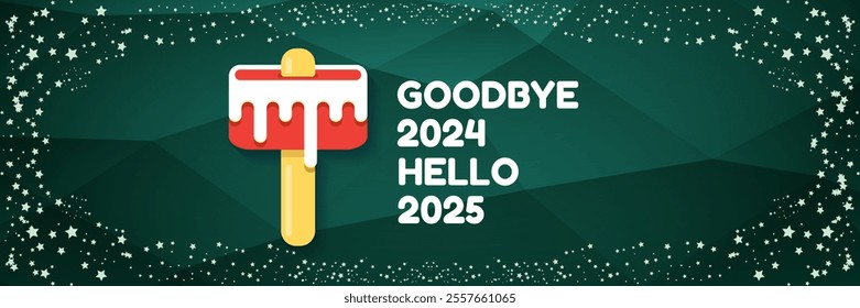 vector goodbye 2024 hello 2025 year vector banner with melt ice cream isolated on horizontal green background. End of the 2024 year horizontal banner background and poster