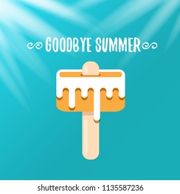 vector goodbye summer vector concept illustration with melt pink ice cream with stick on azure background. End of summer background